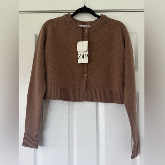 NWT ZARA 100% Lamb Wool Brown Crop Button Up Sweater Size SMALL - Picture 3 of 4